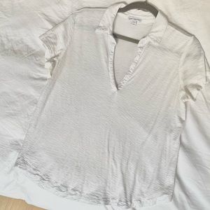 James Perse white deep V polo shirt with curved hem